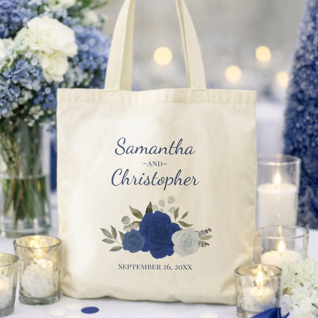 Blue Boho Chic Roses Couple's Names Wedding  Tote Bag (Creator Uploaded)