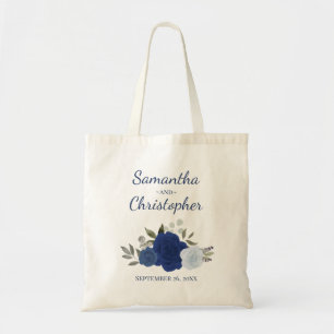 Blue Boho Chic Roses Couple's Names Wedding  Tote Bag