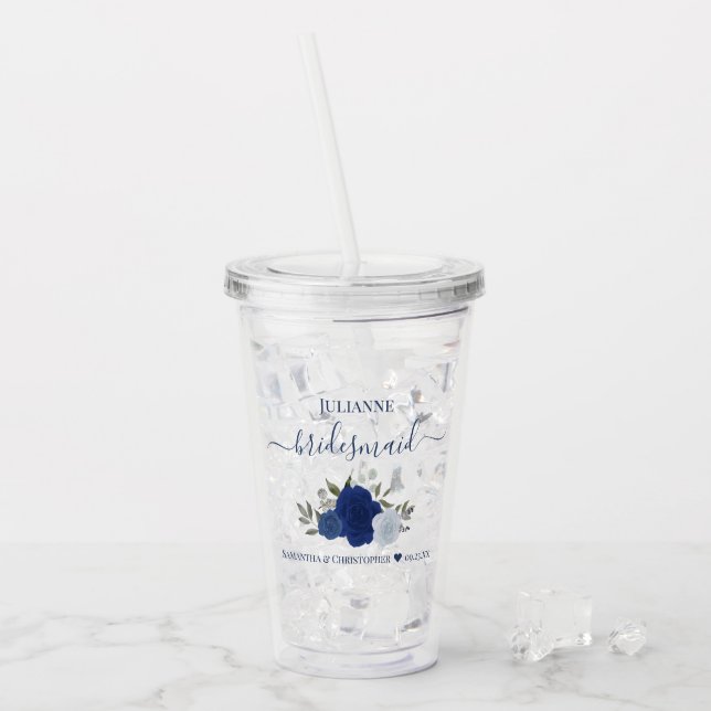 Blue Boho Chic Roses Elegant Bridesmaid Wedding Acrylic Tumbler (Front Ice)