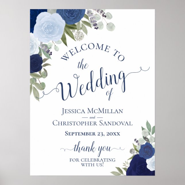 Blue Boho Chic Watercolor Roses Wedding Welcome Poster (Front)