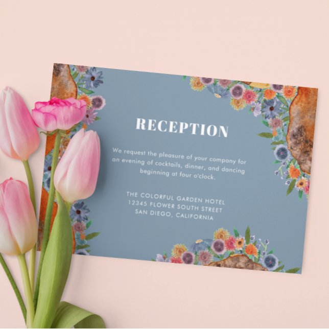 Blue Boho Chic Wildflower Wedding Reception Enclosure Card (Front)