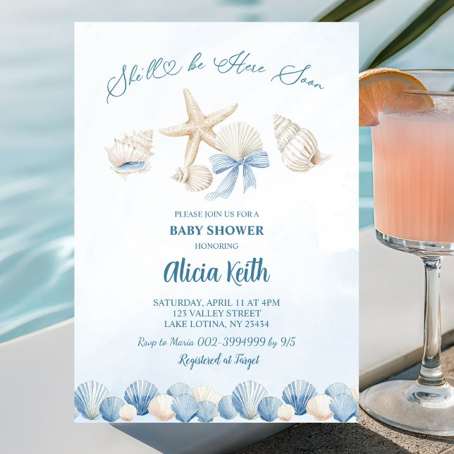 Blue Boho Coastal She'll be here soon baby shower Invitation (Creator Uploaded)