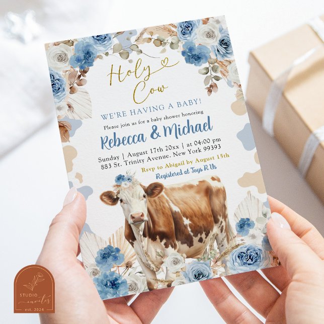 Blue Boho Cow Farm Boy Baby Shower Invitation (Creator Uploaded)