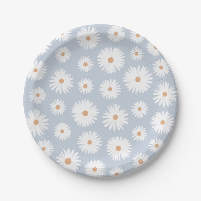 Blue Boho Daisy Birthday Party Paper Plate (Front)