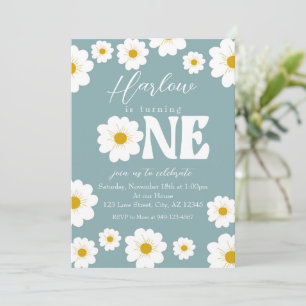 Blue Boho Daisy One Girl's first Birthday Invitation