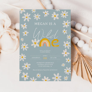 Blue boho daisy rainbow wild one 1st birthday kids invitation