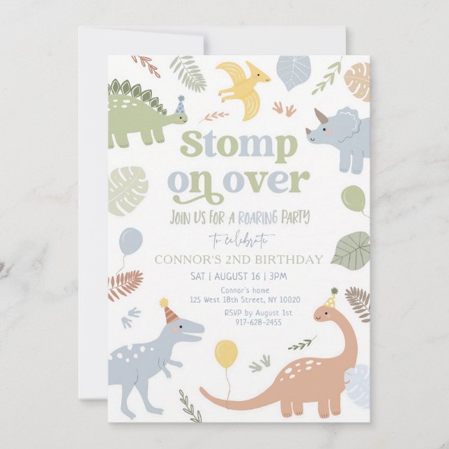 Blue Boho Dinosaur 2nd Birthday Invitation (Front)