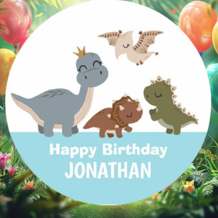 Blue Boho Dinosaur Birthday Party Classic Round Sticker