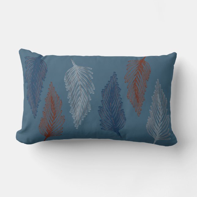 Blue Boho Feather Lumbar Cushion (Front)