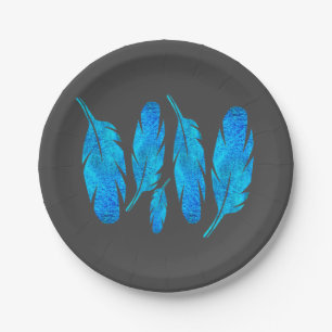 Blue boho feathers blue and grey paper plate