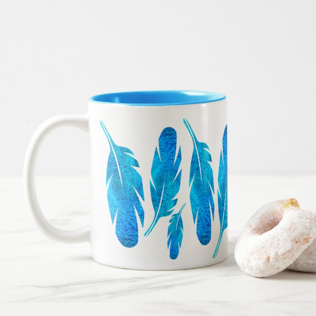 Blue boho feathers blue and grey Two-Tone coffee mug (With Donut)