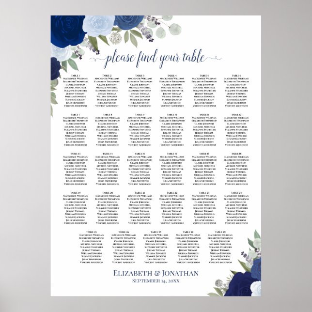 Blue Boho Floral 29 Table Wedding Seating Chart (Front)