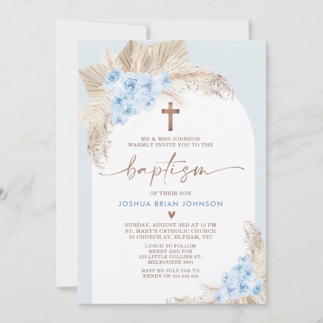 Blue Boho Floral Arch Boys Baptism Invitation (Front)