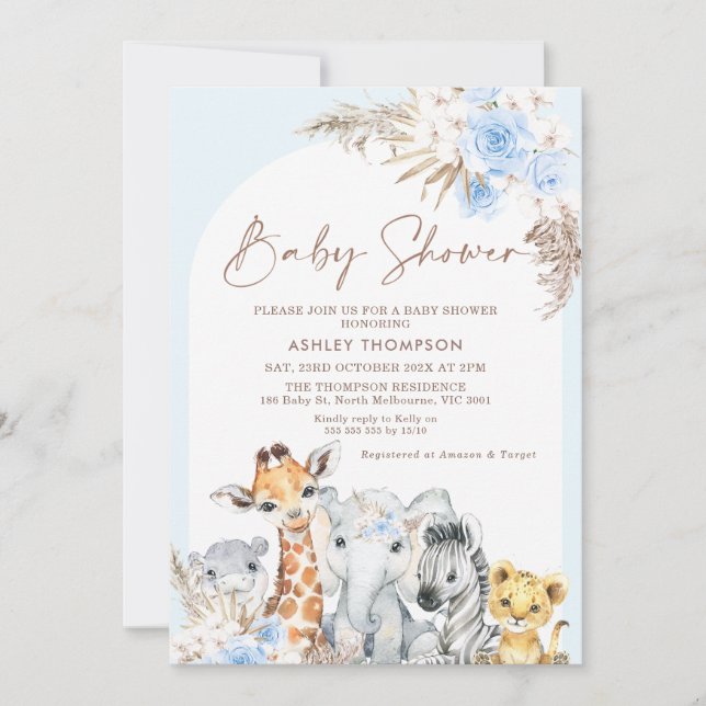 Blue Boho Floral Arch Safari Animals Baby Shower Invitation (Front)