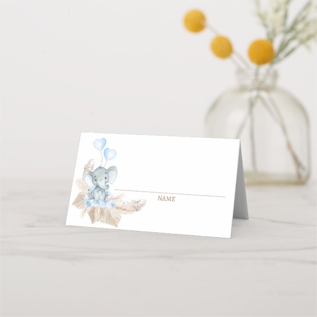 Blue Boho Floral Elephant Baby Shower Place Card (Front)