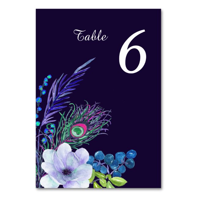 Blue Boho Floral Feather Wedding Table Table Number (Front)