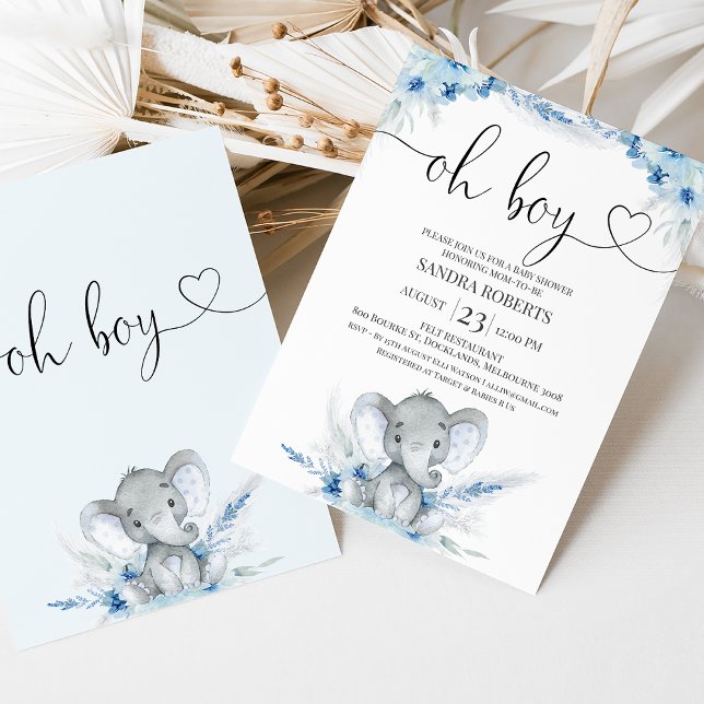 Blue Boho Floral Oh Boy Elephant Baby Shower Invitation (Blue boho floral elephant baby shower invitation featuring a calligraphy heading with a heart.)