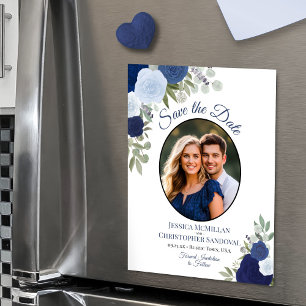 Blue Boho Floral & Photo Wedding Save the Date Magnetic Invitation