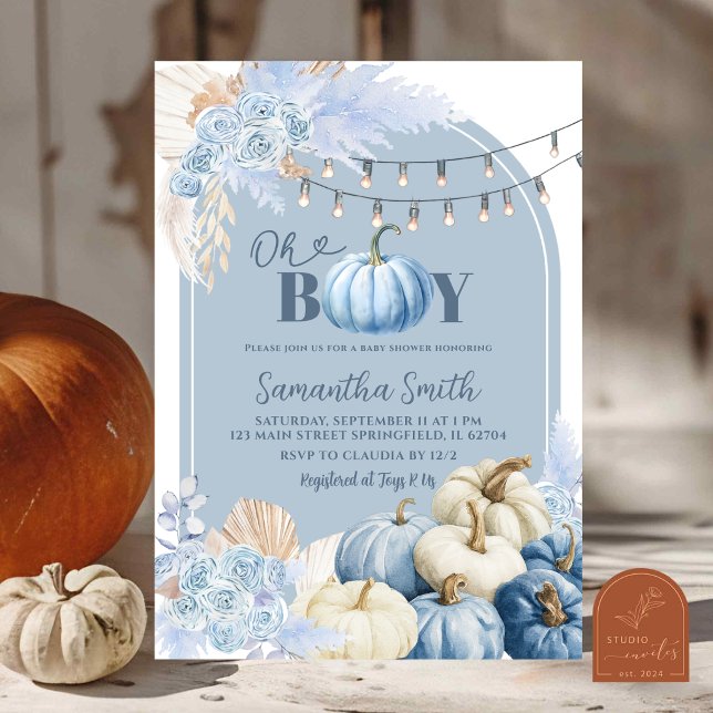 Blue Boho Floral Pumpkin Baby Shower Invitation (Creator Uploaded)