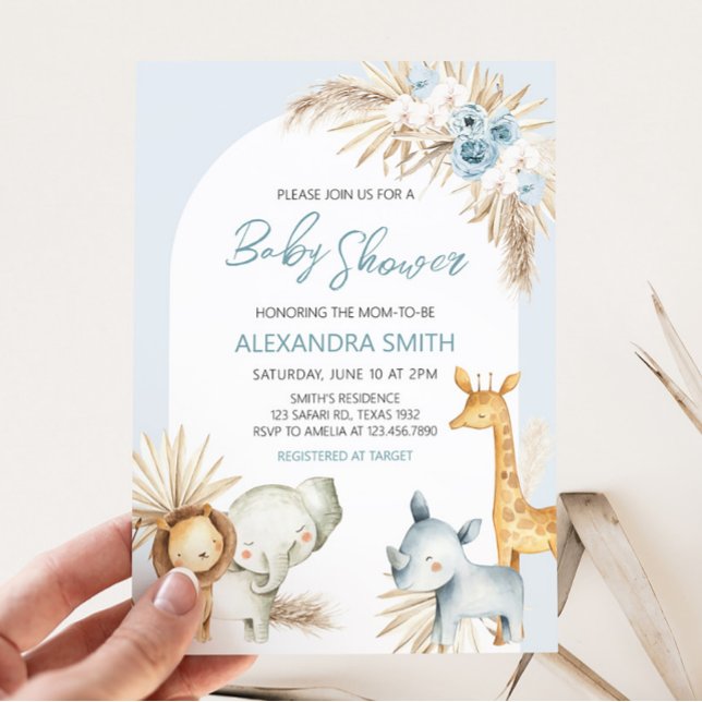 Blue Boho Floral Safari Baby Shower  Invitation (Boy Safari Animals Boho Baby Shower Invitation)