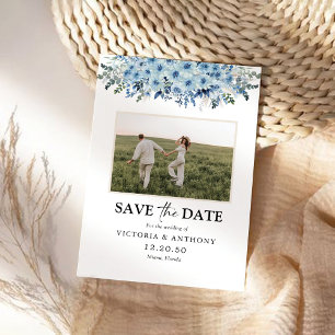 Blue Boho Floral Save The Date with Photo 