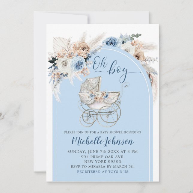 Blue Boho Floral Stroller Boy Baby Shower Invitation (Front)