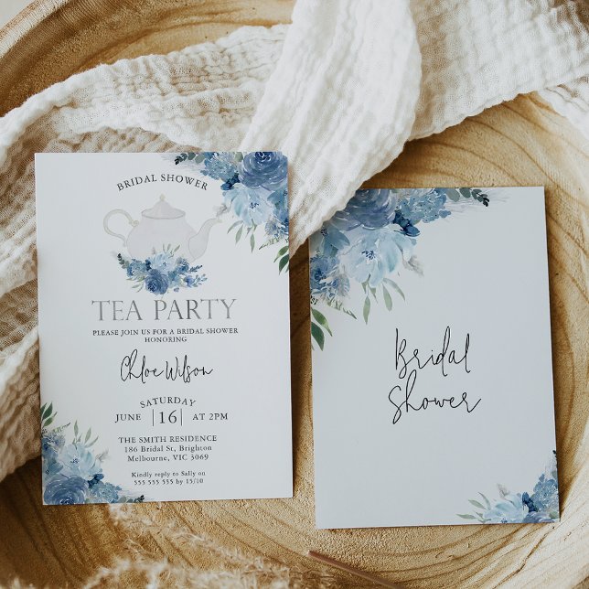 Blue Boho Floral Tea Party Bridal Shower  Invitation (Blue boho floral tea party bridal shower invitation featuring a white teapot.)