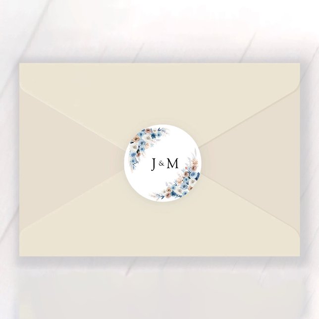 Blue Boho Floral Wedding Classic Round Sticker (Creator Uploaded)