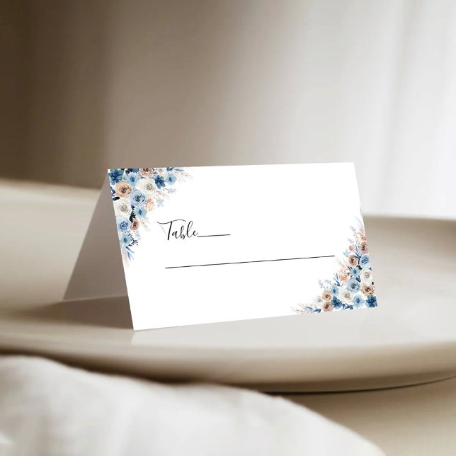 Blue Boho Floral Wedding Folded Place Card (Creator Uploaded)