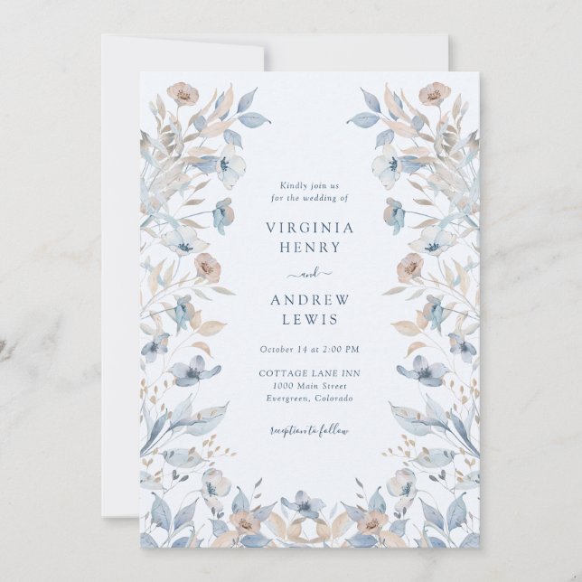 Blue Boho Floral Wedding Invitation (Front)