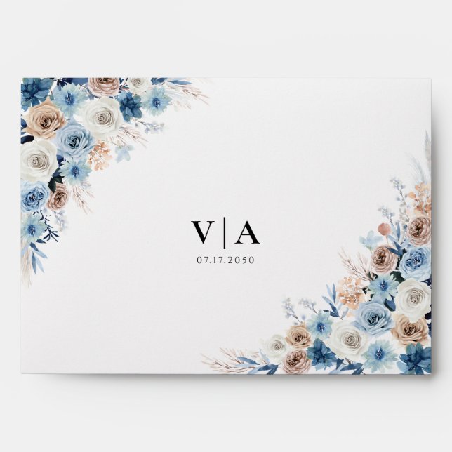 Blue Boho Floral Wedding Invitation Envelope (Front)