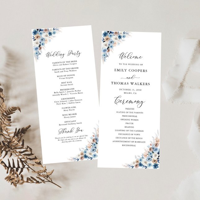 Blue Boho Floral Wedding Program Programme (Creator Uploaded)