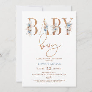 Blue Boho Floral Word Baby Boy Baby Shower Invitation
