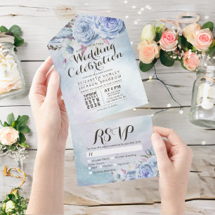Blue Boho Flowers Feather Rustic Wood Wedding RSVP All In One Invitation