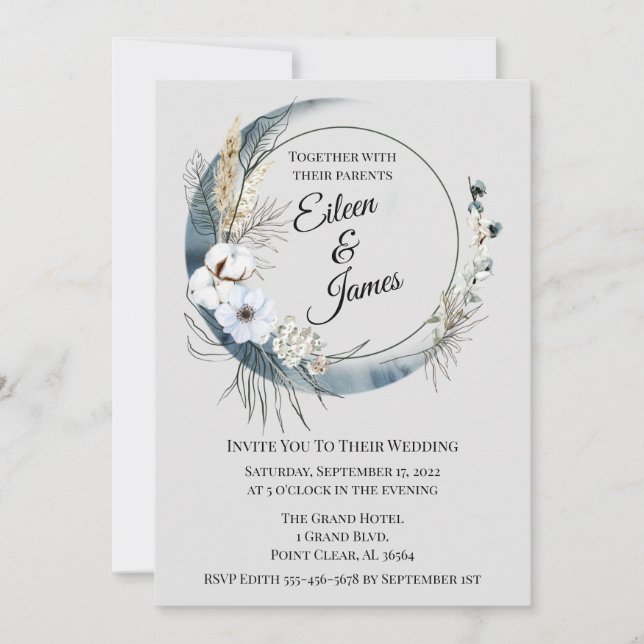 Blue Boho Half Moon Wedding Invitation (Front)