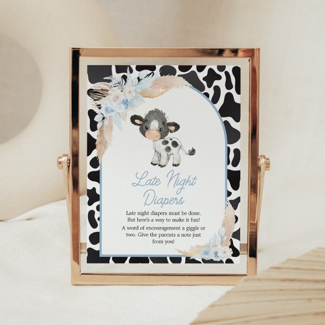Blue Boho Highland Cow Baby Late Night Diapers Poster (Bohemian Floral Farm Baby Shower Late Night Diapers Sign)