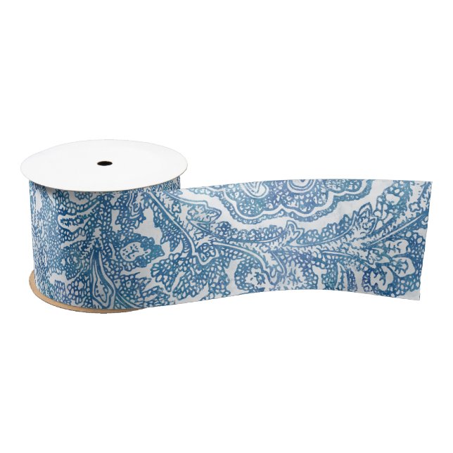 Blue Boho Lace Paisley Pattern   Satin Ribbon (Spool)