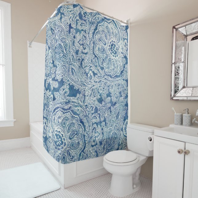 Blue Boho Lace Paisley Pattern  Shower Curtain (In Situ)