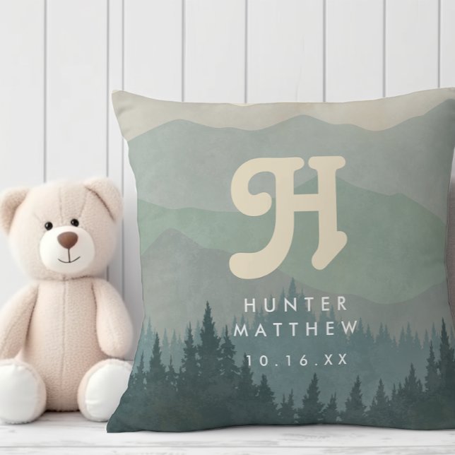 Blue Boho Monogram Mountain & Forest Retro Nursery Cushion (Creator Uploaded)