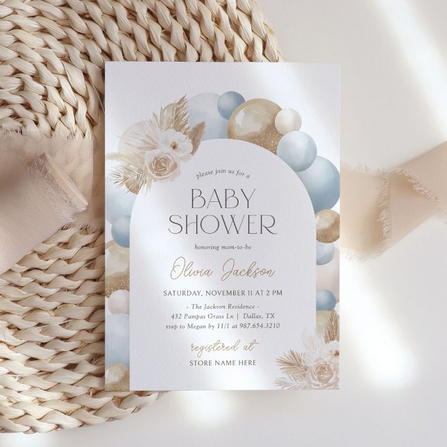 Blue Boho Pampas Grass Arch Boy Baby Shower Invitation (Creator Uploaded)