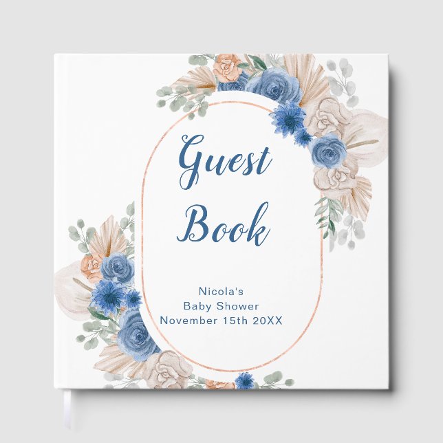 Blue Boho Pampas Grass Baby Shower Guest Book (Front)