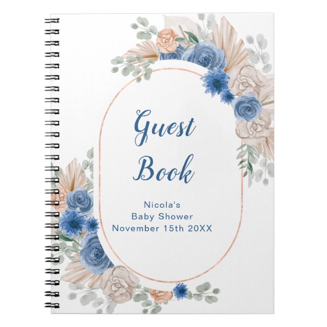 Blue Boho Pampas Grass Baby Shower Guest Book (Front)
