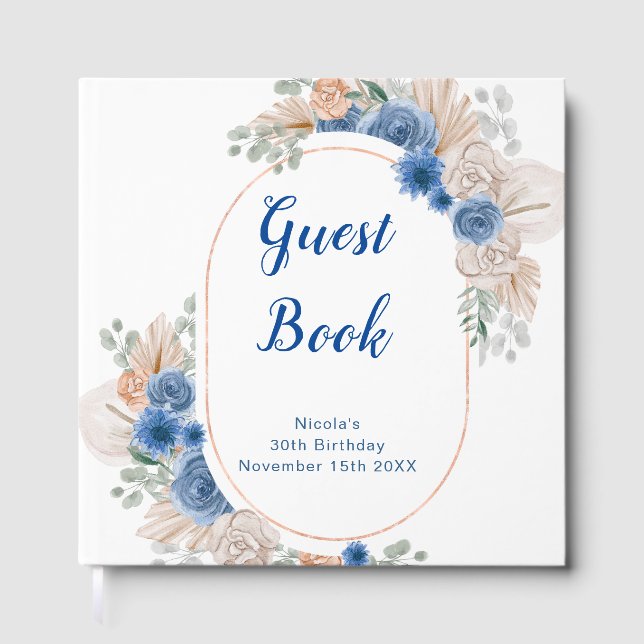 Blue Boho Pampas Grass Birthday Party Guest Book (Front)