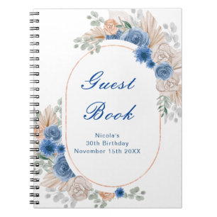 Blue Boho Pampas Grass Birthday Party Guest Book