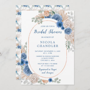 Blue Boho Pampas Grass Bridal Shower Invitation