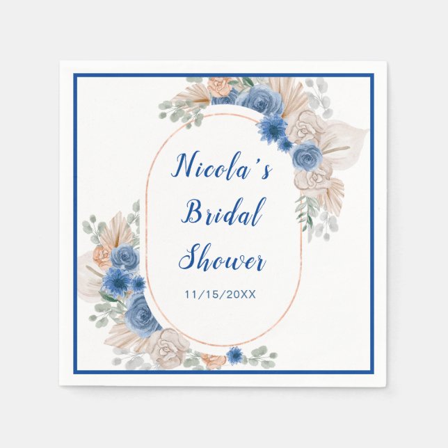 Blue Boho Pampas Grass Bridal Shower Napkin (Front)