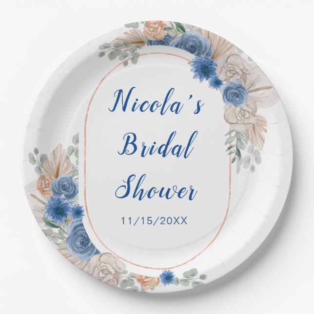 Blue Boho Pampas Grass Bridal Shower Paper Plate (Front)