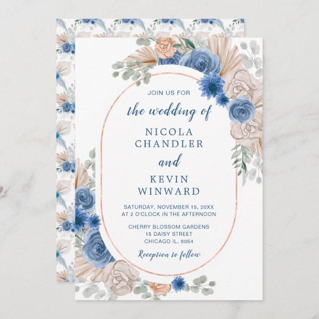 Blue Boho Pampas Grass Wedding Invitation (Front/Back)
