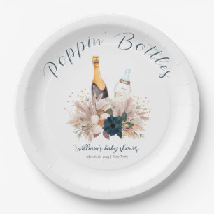Blue Boho Poppin Champagne Bottles Baby Shower  Paper Plate