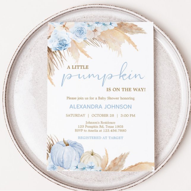 Blue Boho Pumpkin Baby Shower  Invitation (Blue Little Pumpkin Baby Shower Invitation)